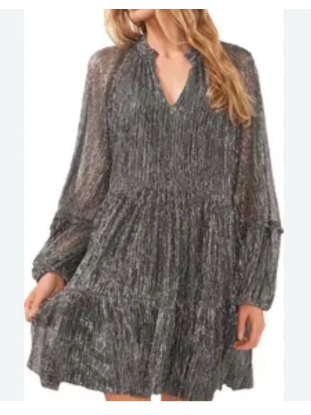 1. STATE Metallic Pleated Tiered Mini Dress Silver Shimmer Boho Glam L